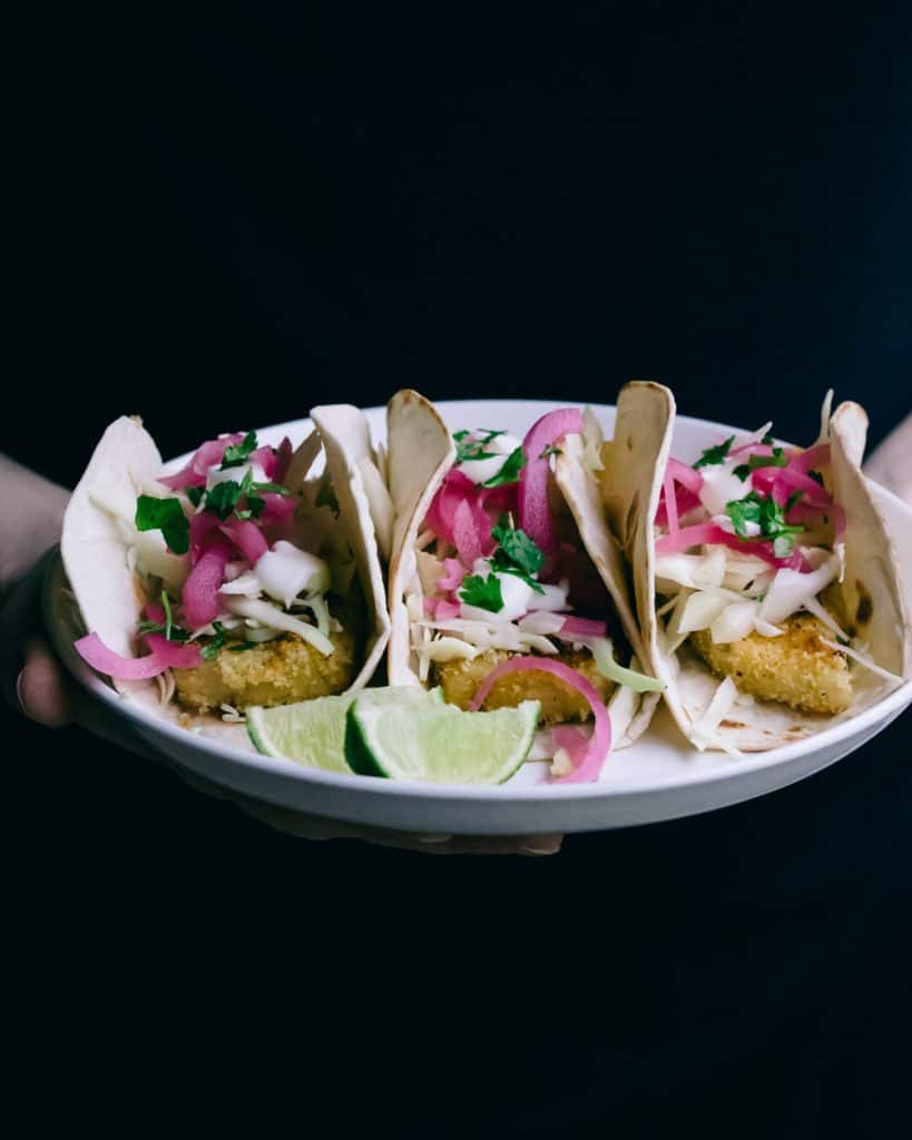 Vegan fish tacos on a plate