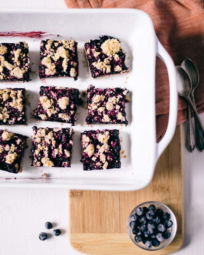 Dessert bars in a white baking dish.