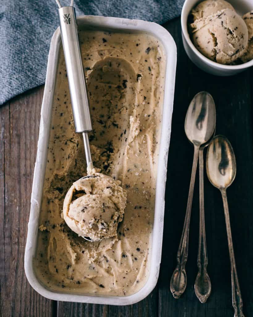 Coffee ice cream being scooped