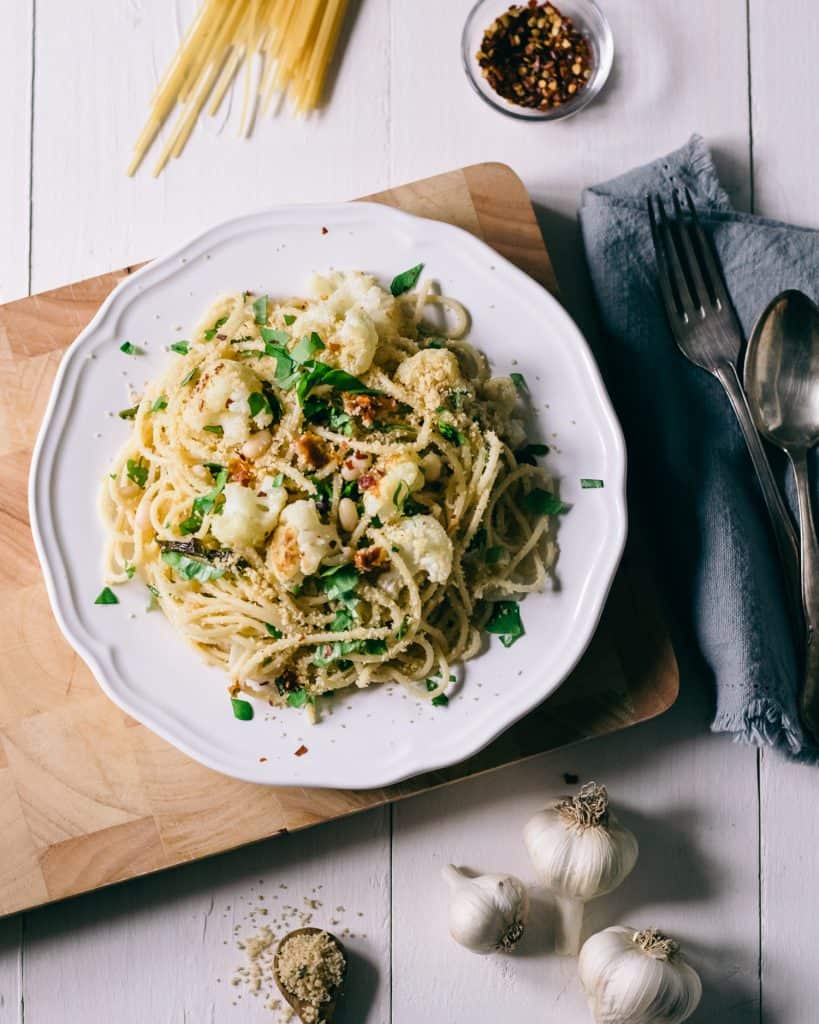Pasta on a plate with cauliflower and breadcrumbs