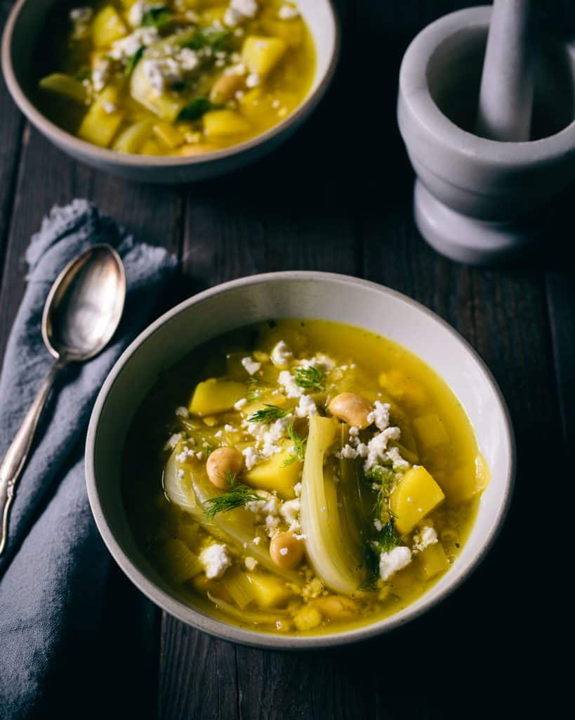 Saffron fennel potato stew in a bowl