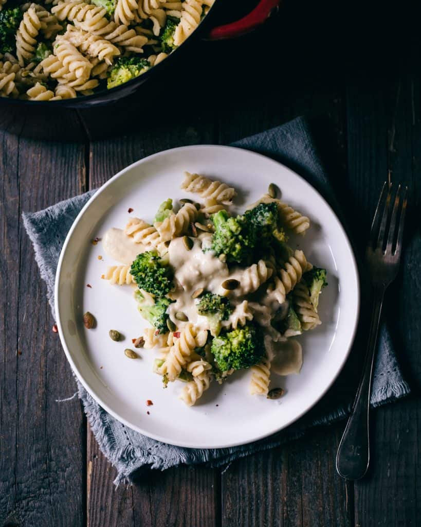 Pasta with broccoli on a plate.