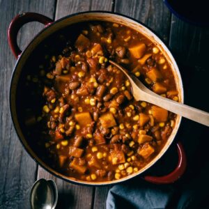 Sweet potato chili in a cast iron pot.