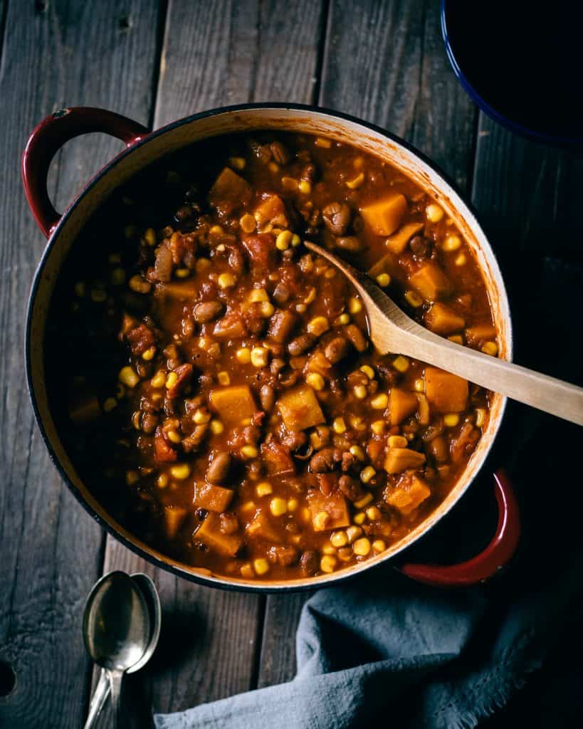 Sweet potato chili in a cast iron pot.